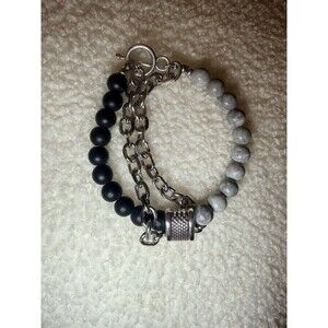 Men’s Natural Stone Beaded Bracelet Stainless Steel Chain Black & Gray Stone